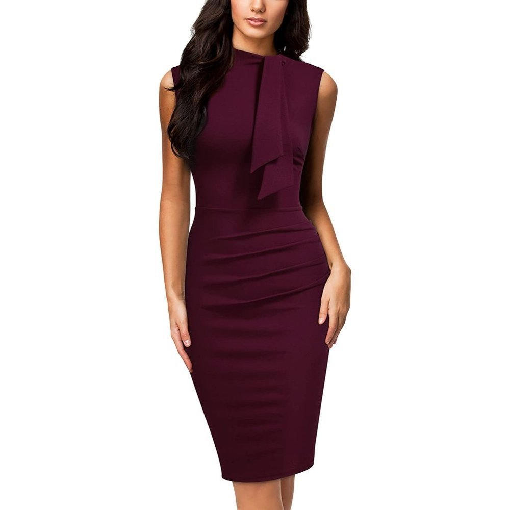 Women’s Burgundy Ruffle Collar Pencil Dress